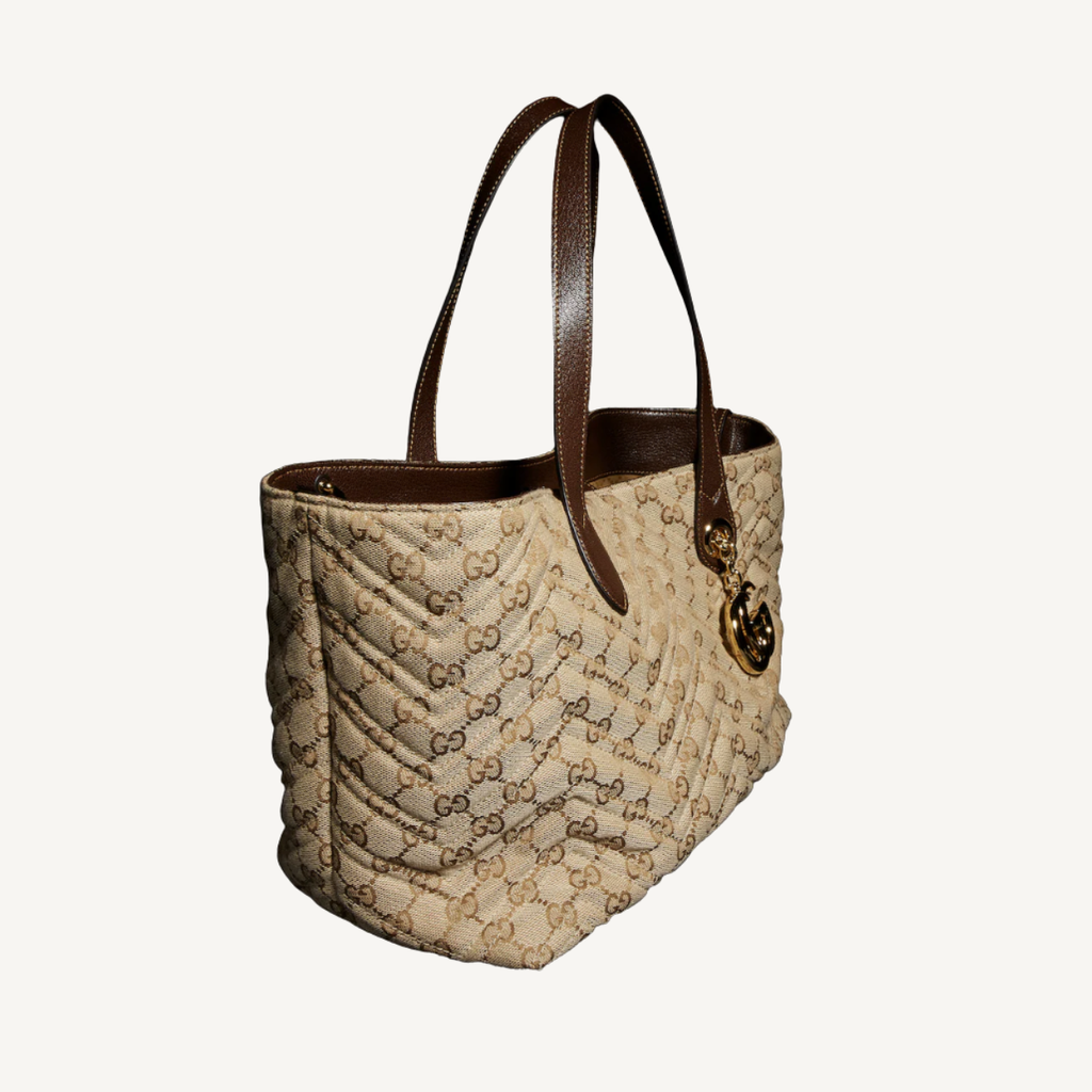 Gucci GG Marmont Medium Tote Bag Sand Dark Brown Gold Hardware 11.8 Inches
