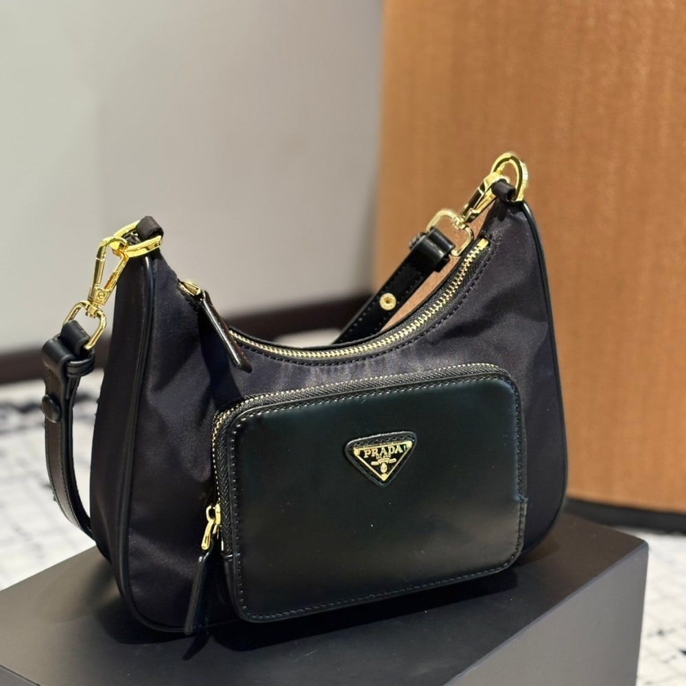Prada Leather Pocket Re Nylon Shoulder Bag Black 8.7 Inches