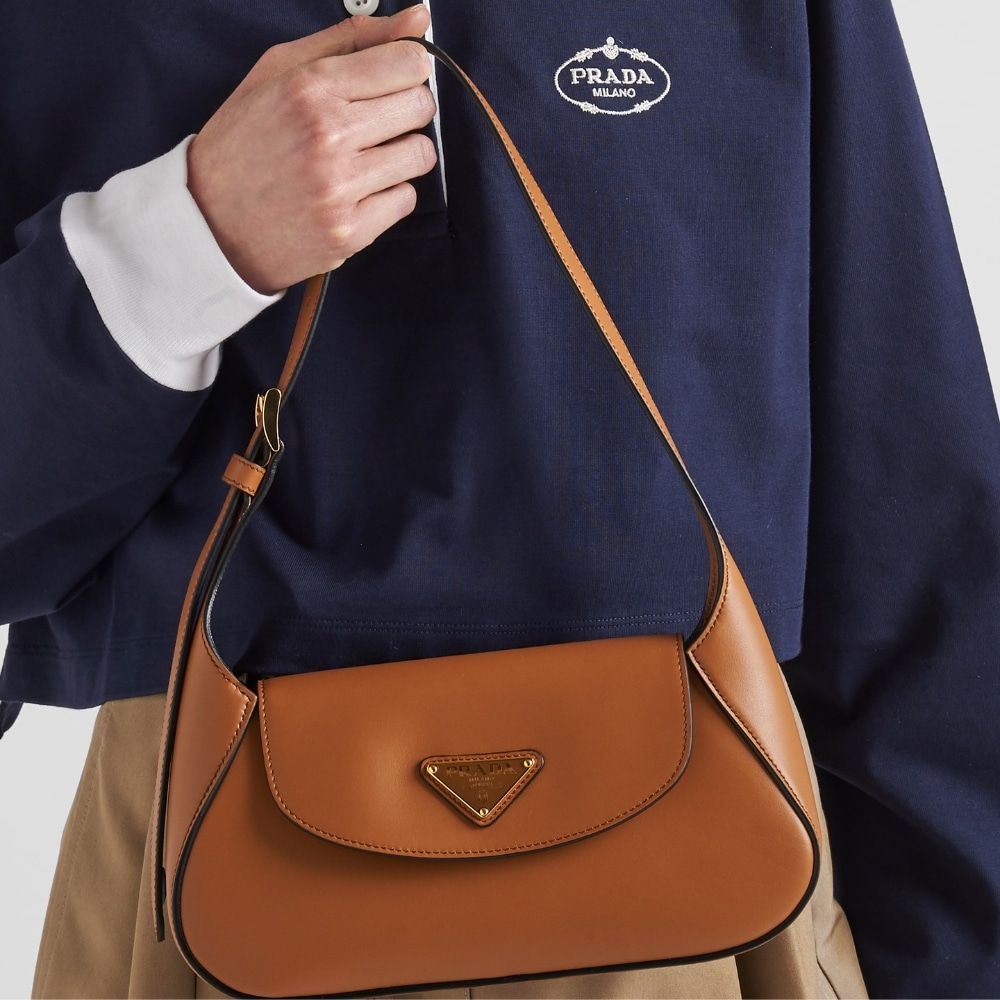 Prada Triangle Logo Shoulder Bag Caramel 9.4 Inches