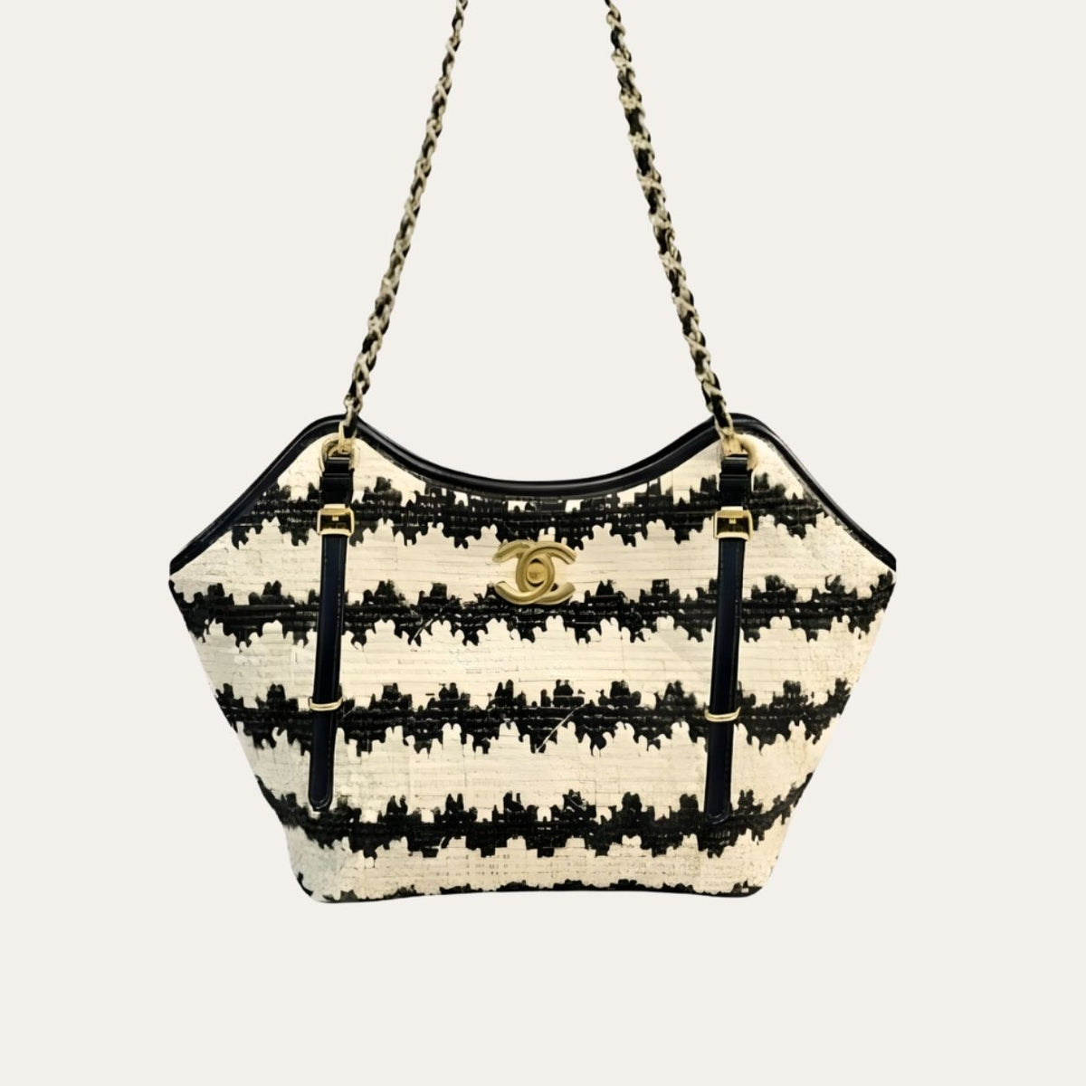 Chanel Small Shopping Bag Braided Straw And Gold Tone Metal Beige And Black 7.9 Inches