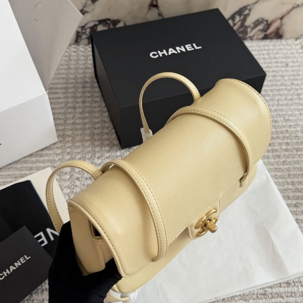Chanel Small Flap Bag Grained Shiny And Gold Tone Light Yellow 8.7 Inches