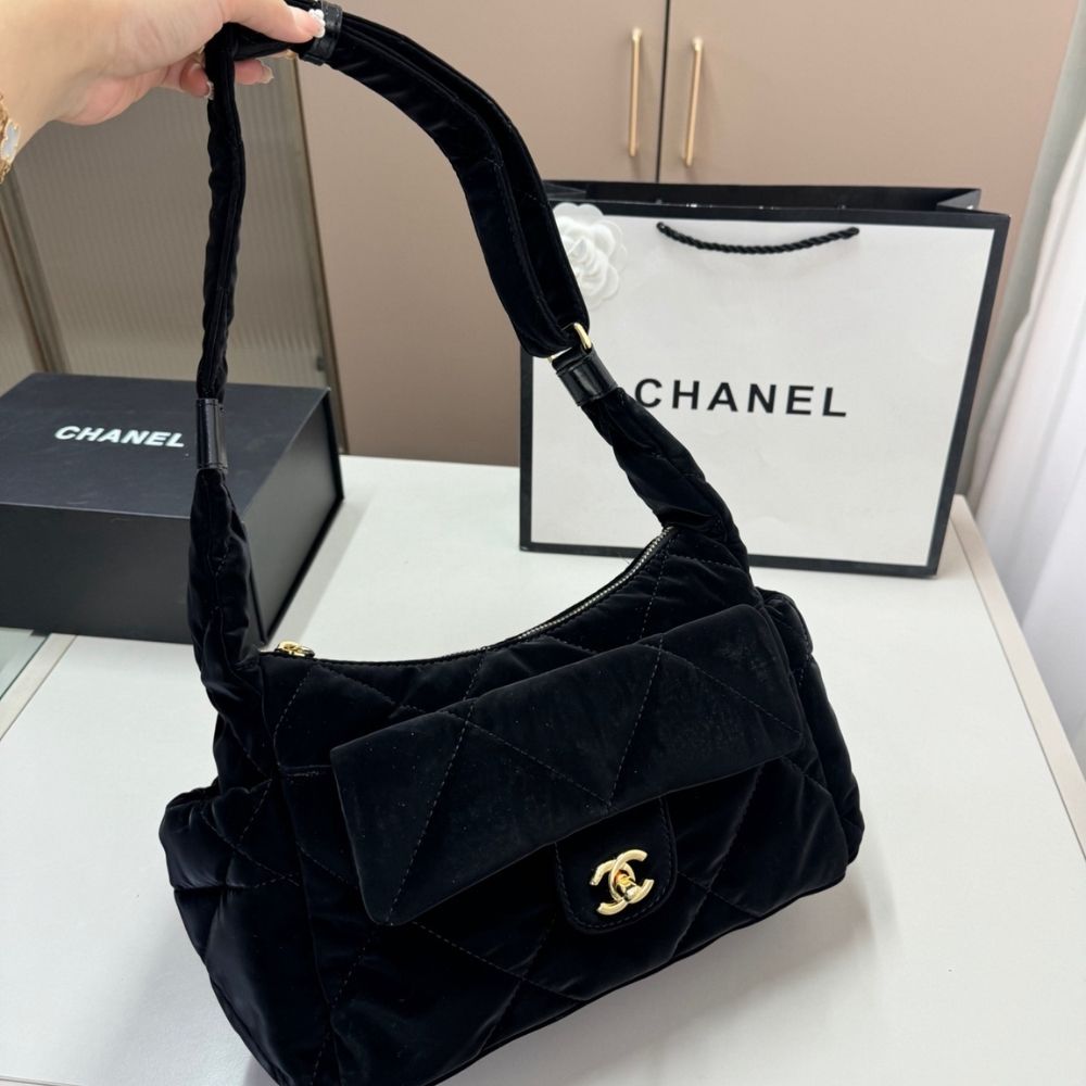 Chanel Large Bowling Bag Velvet Effect Nylon Gold Tone Black 10.6 Inches AS5054 B21379 94305