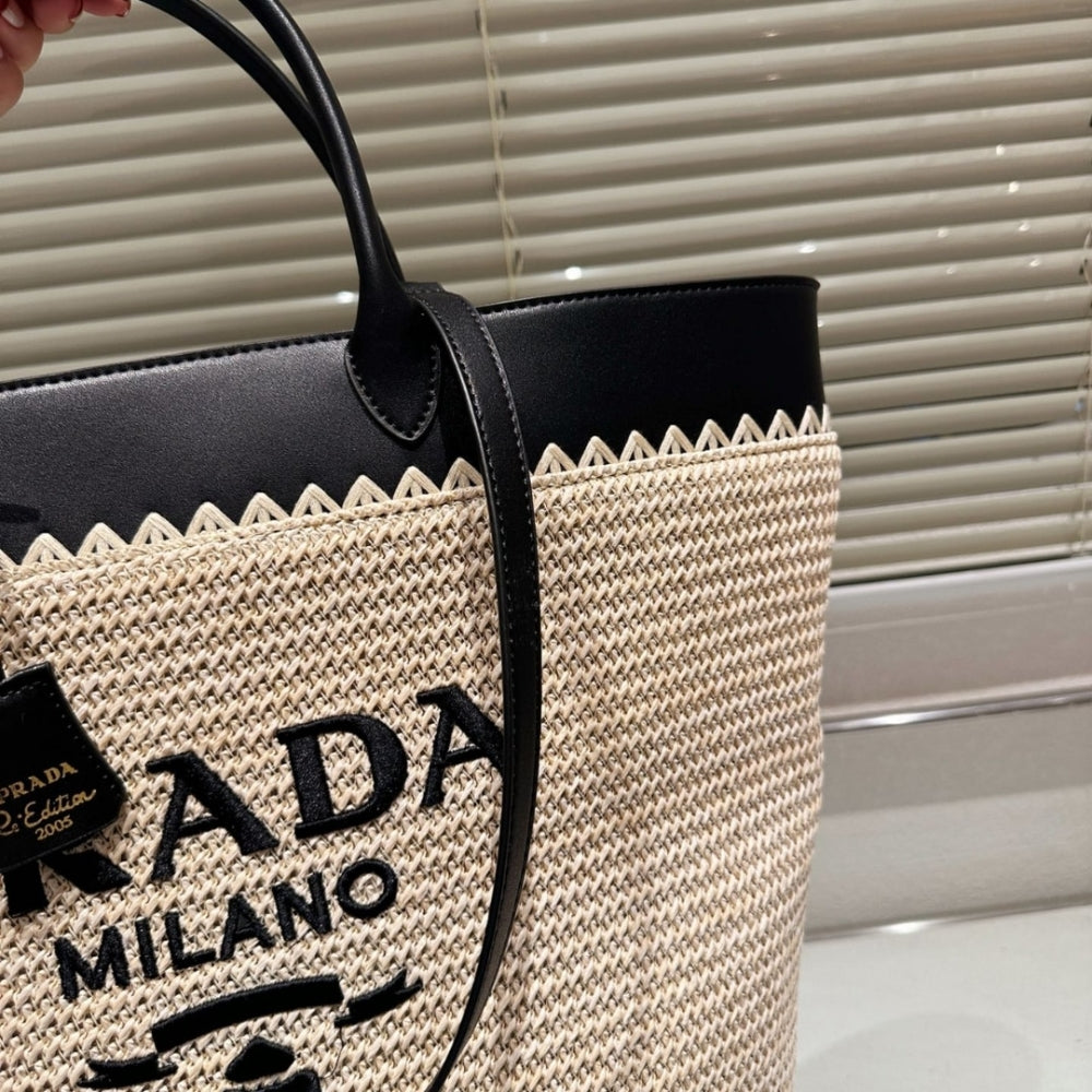 Prada Crochet Tote Bag Tan And Black 33cm 1BG499 2M2Q F0I55 V GOO