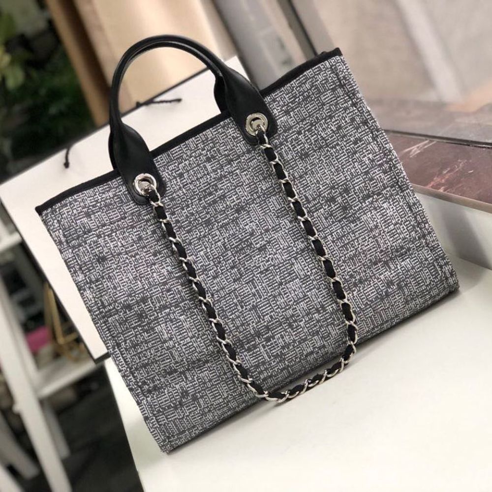 Chanel Deauville Tote Raffia Canvas Bag Black 14.9 Inches