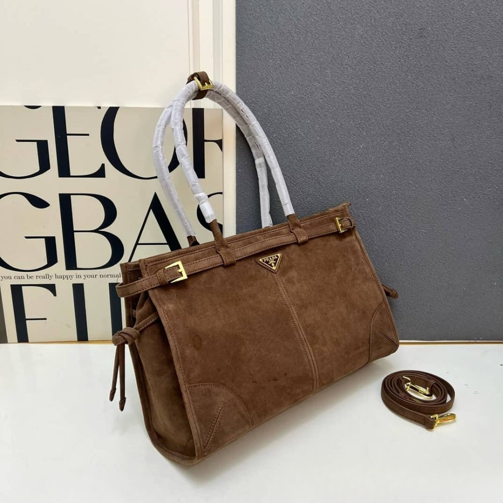 Prada Bonnie Large Suede Handbag Cacao Brown 15 Inches 1Ba433 2C4S F0324 V Moo