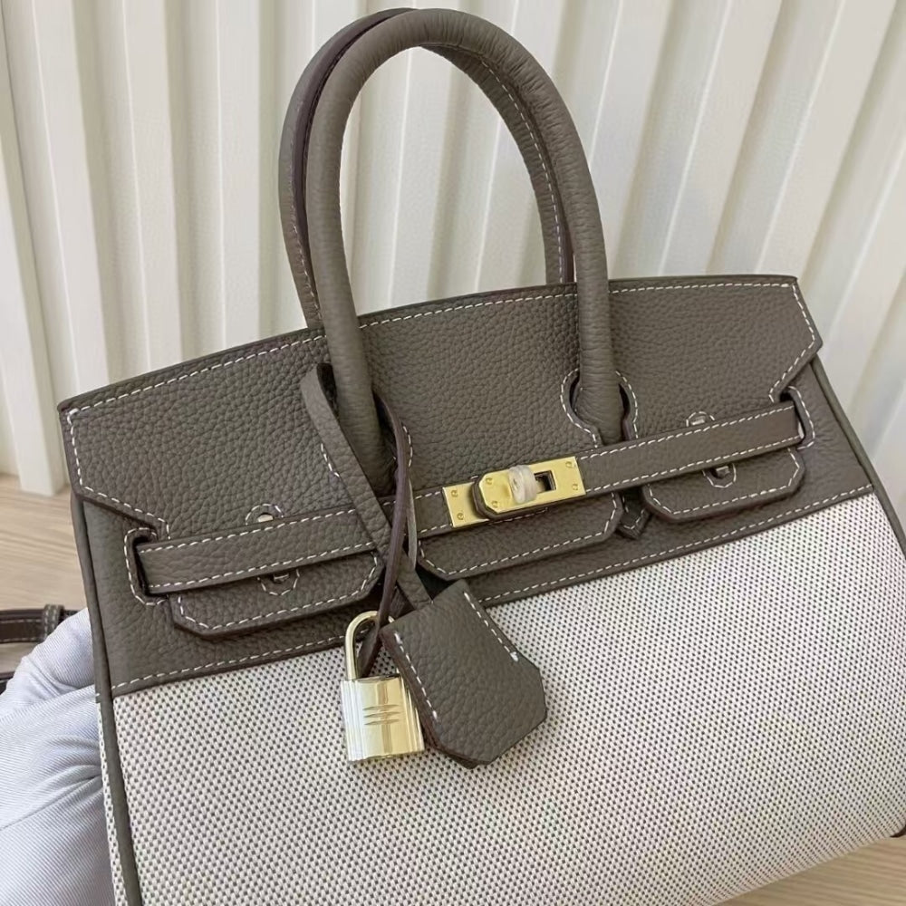 Hermes Birkin 25 Two Tone Toile Canvas Gold Hardware Grey 25Cm