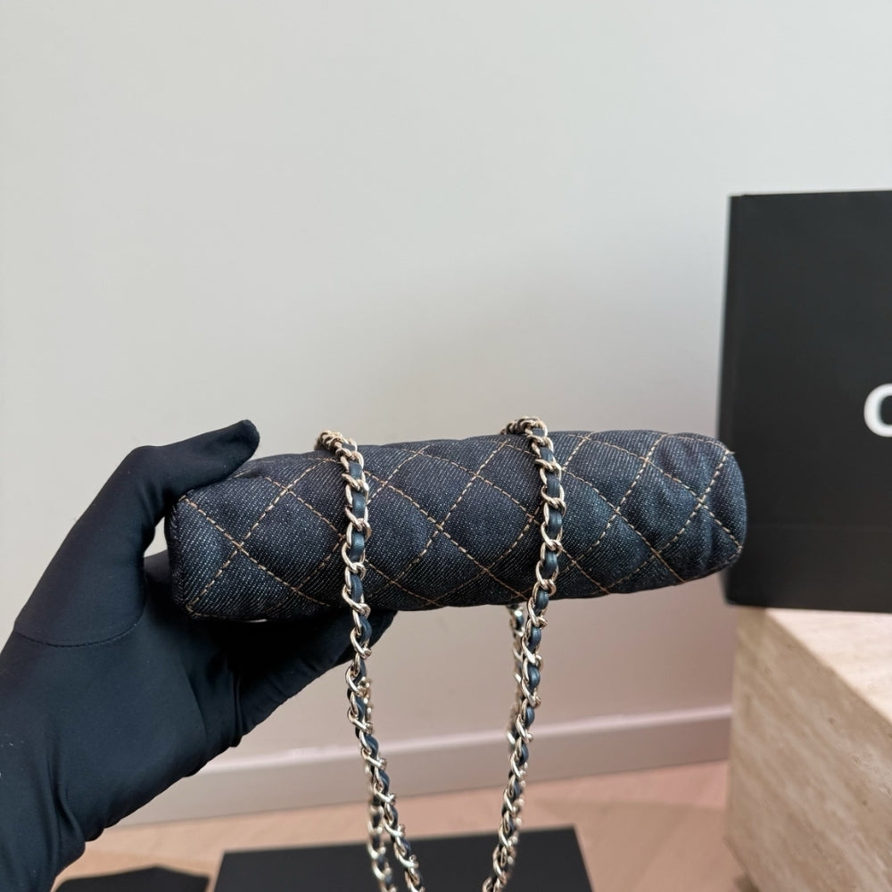 Chanel Clutch With Strap Gold Metal Denim Blue 20cm