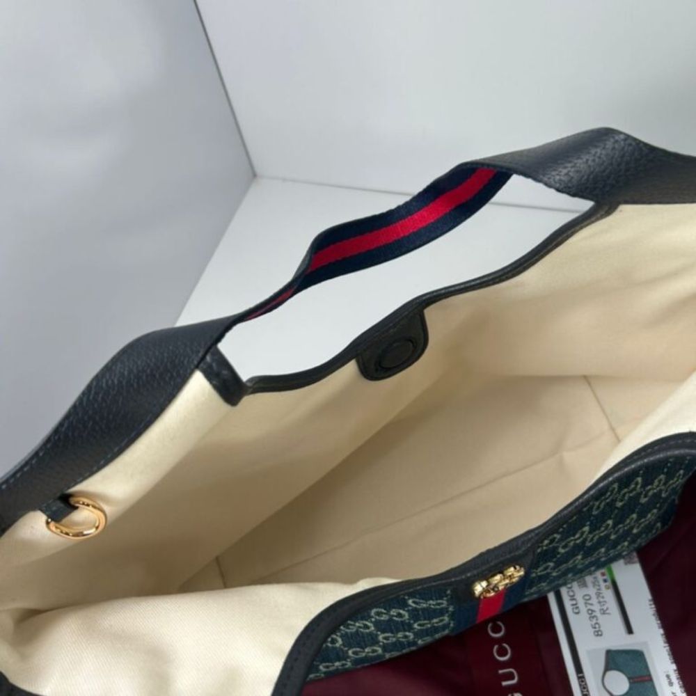 Gucci Giglio Small Tote Bag Blue And White Gg Denim 9.8 Inches 860845 Fafrw 8864