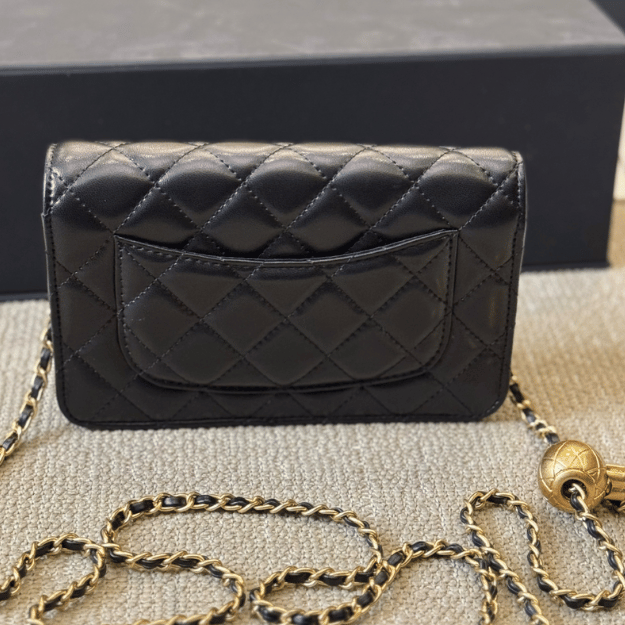 Chanel Flap Bag Woc (Wallet On Chain) With Gold Ball Charm Black 7.5 Inches