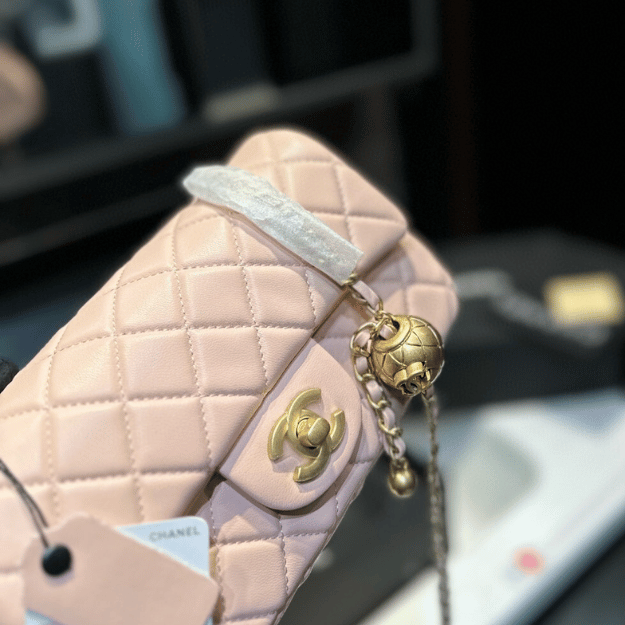 Chanel Mini Square Flap Bag With Gold Ball Light Pink 7.9 Inches