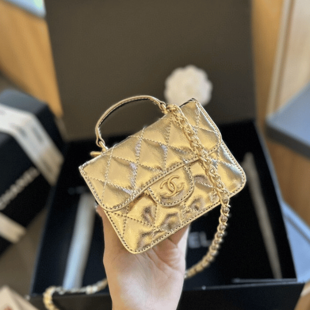Chanel Mini Top Handle Flap Bag Gold Metallic 5.1 Inches