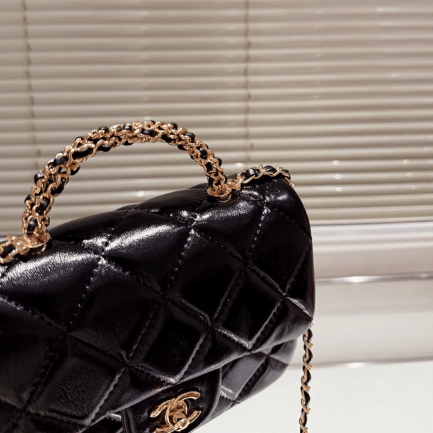 Chanel Mini Top Handle Flap Bag Shiny Black 7.9 Inches