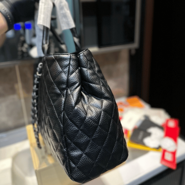 Chanel Quilted Tote Bag Black Gold Chain 15.4 Inches