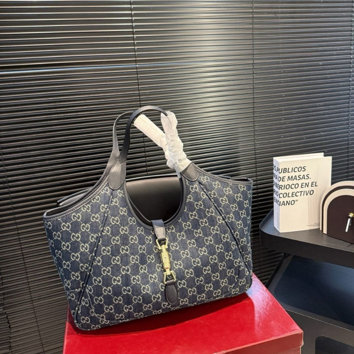 Gucci Mercato Medium Tote Bag Denim Navy Blue 14.2 Inches
