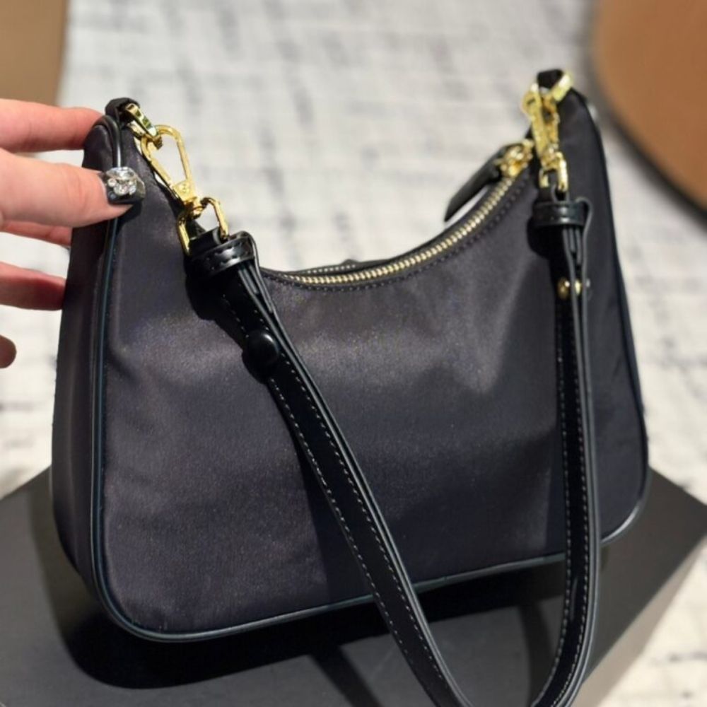 Prada Leather Pocket Re Nylon Shoulder Bag Black 8.7 Inches