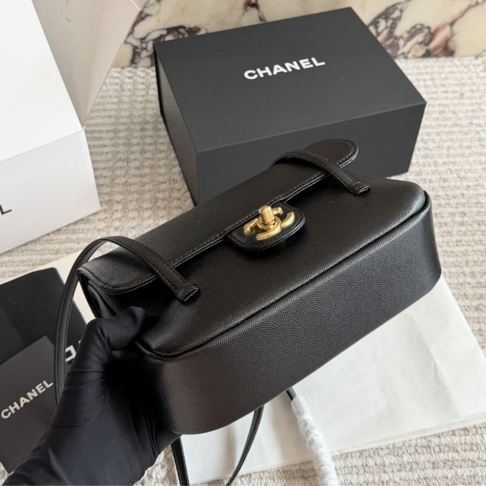 Chanel Small Flap Bag Grained Shiny And Gold Tone Black 8.7 Inches AS6130 B23483 94305