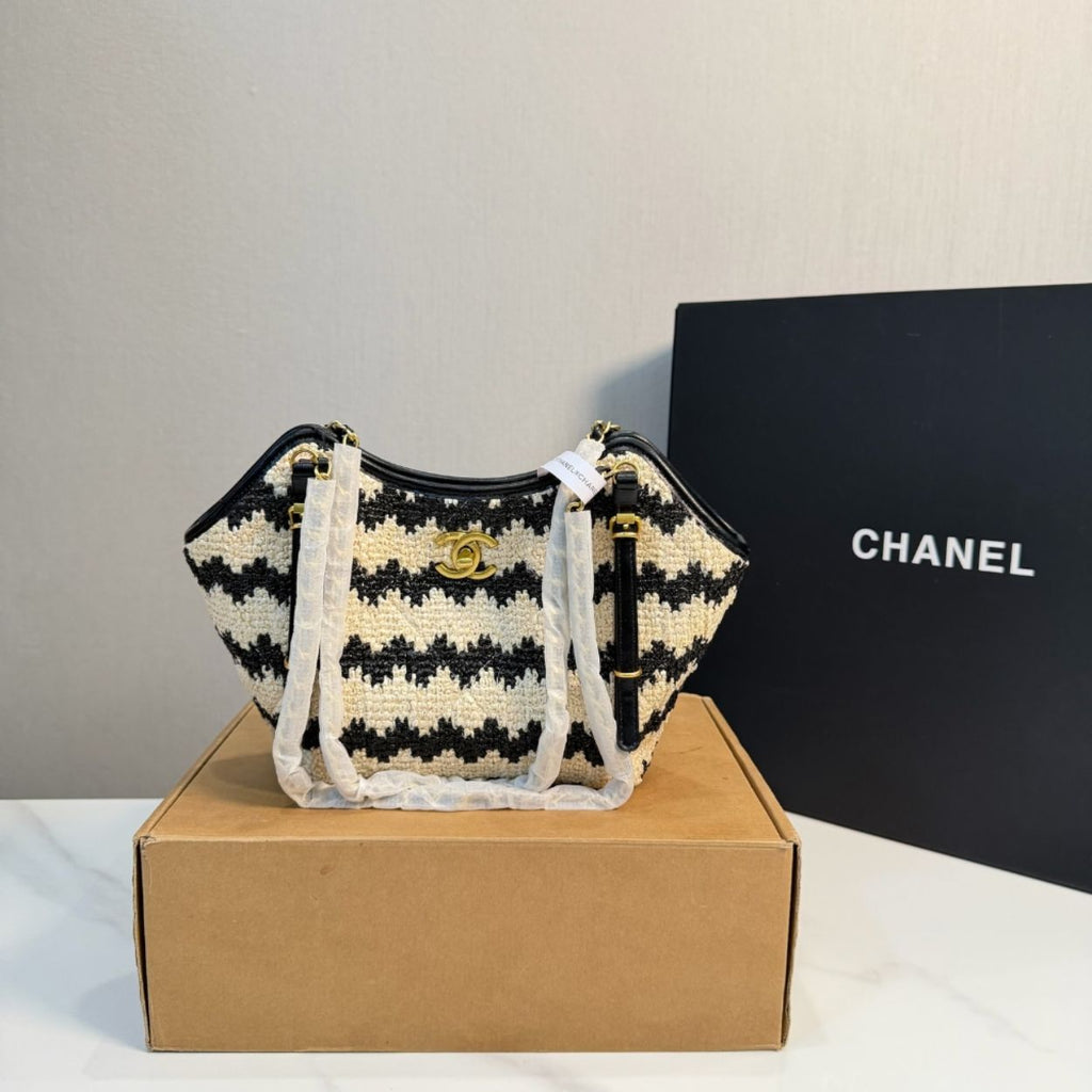 Chanel Small Shopping Bag Braided Straw And Gold Tone Metal Beige And Black 7.9 Inches