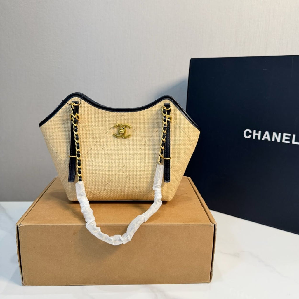 Chanel Small Shopping Bag Braided Raffia Effect Canvas And Gold Tone Metal In Beige 7.9 Inches