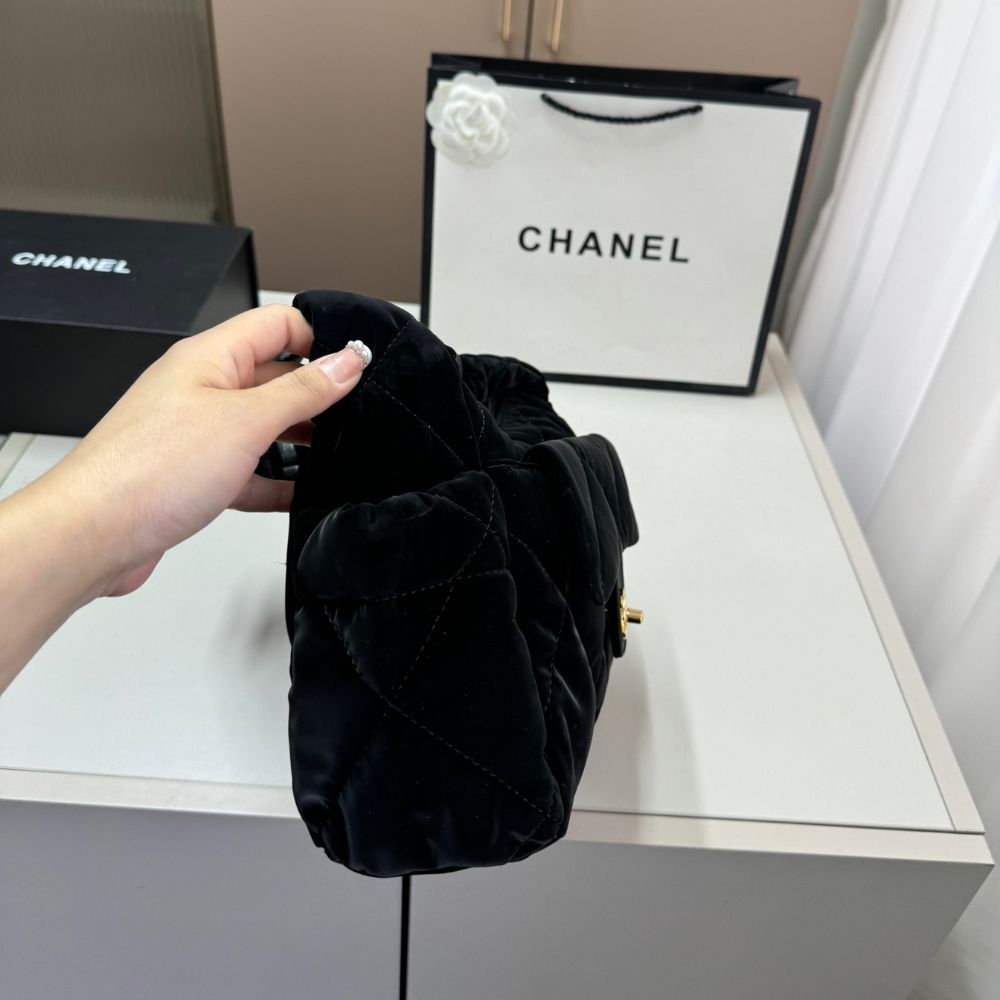 Chanel Large Bowling Bag Velvet Effect Nylon Gold Tone Black 10.6 Inches AS5054 B21379 94305