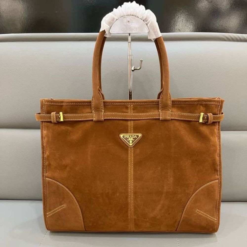Prada Bonnie Large Suede Handbag Brown 15 Inches 1BA433 2C4S F0401 V MOO