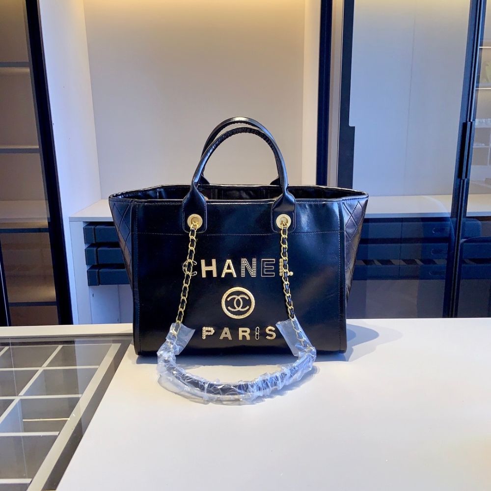 Chanel Deauville Large Shopping Bag Leather Black 15.0 Inches