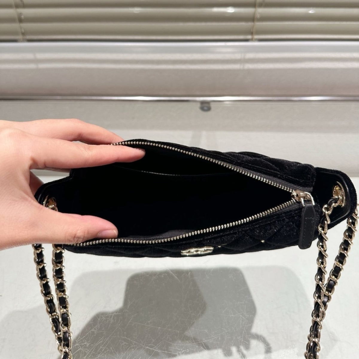 Chanel Velvet Crystal Quilted Chain Hobo Bag In Black 8.7 Inches AP4861 B17652 93405