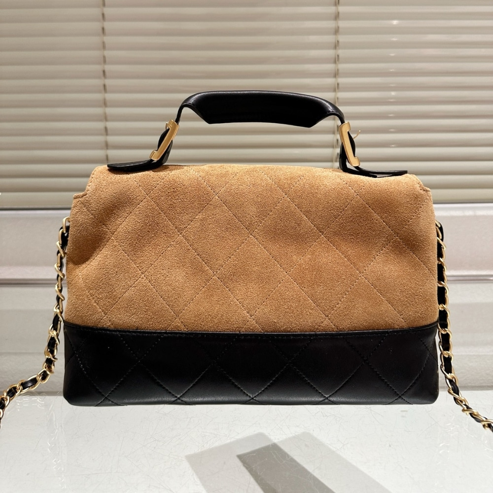 Chanel Large Flap Bag With Top Handle Shiny And Gold Tone Metal Beige Black 11.4 Inches As5637 B20827 U1536