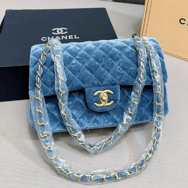Chanel Velvet Classic Flap Bag Blue 9.8 Inches