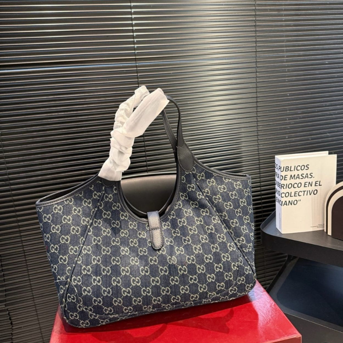 Gucci Mercato Medium Tote Bag Denim Navy Blue 14.2 Inches