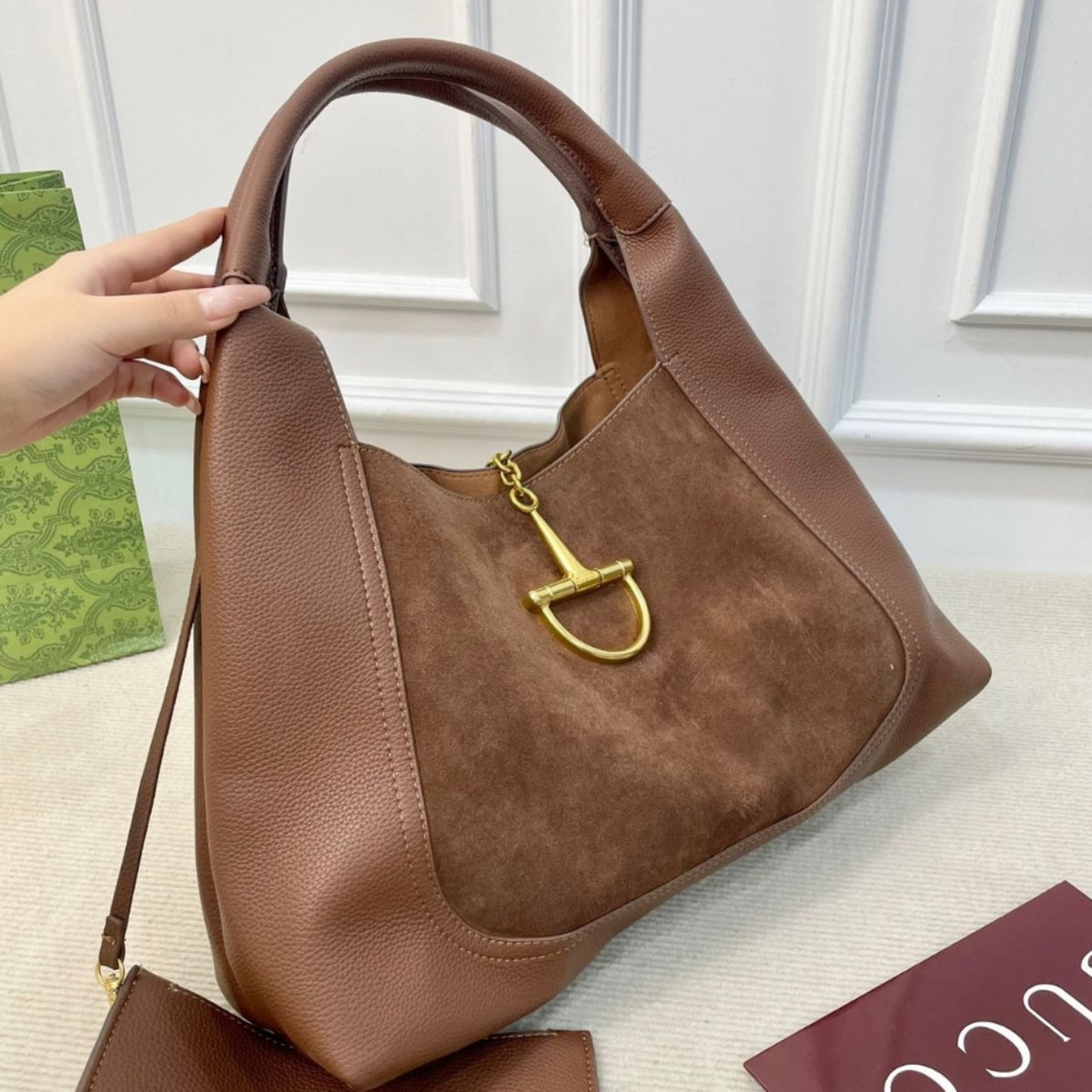 Gucci Softbit Maxi Suede Shoulder Bag Brown 16.5 Inches