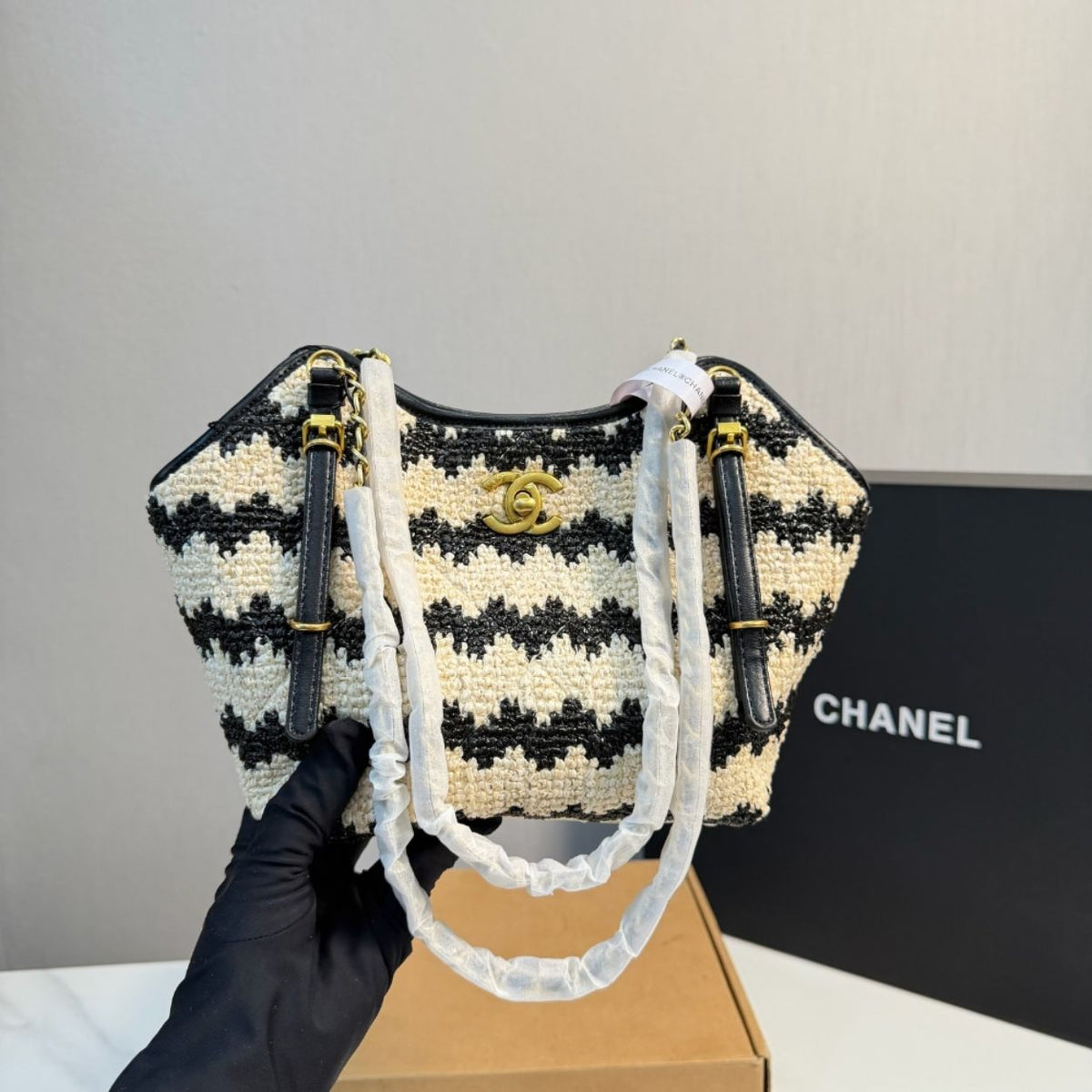 Chanel Small Shopping Bag Braided Straw And Gold Tone Metal Beige And Black 7.9 Inches