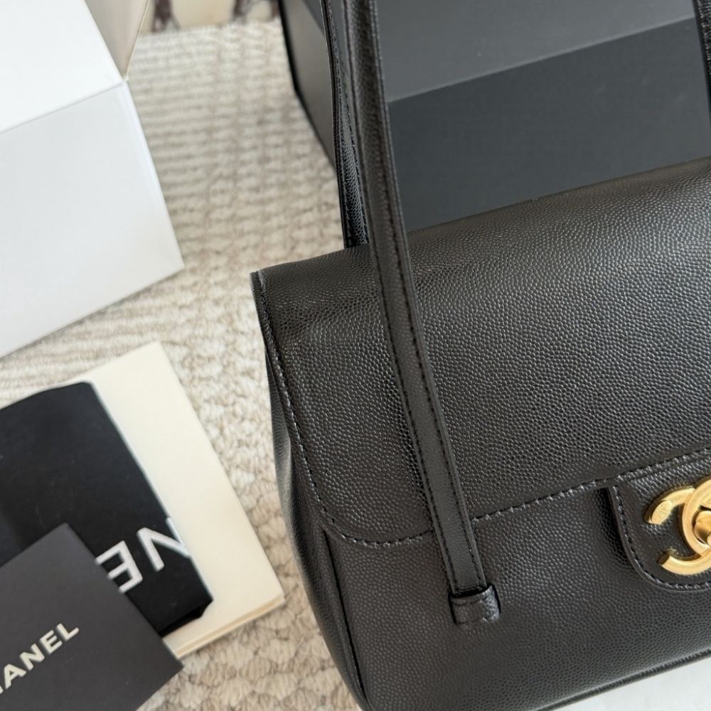 Chanel Small Flap Bag Grained Shiny And Gold Tone Black 8.7 Inches AS6130 B23483 94305