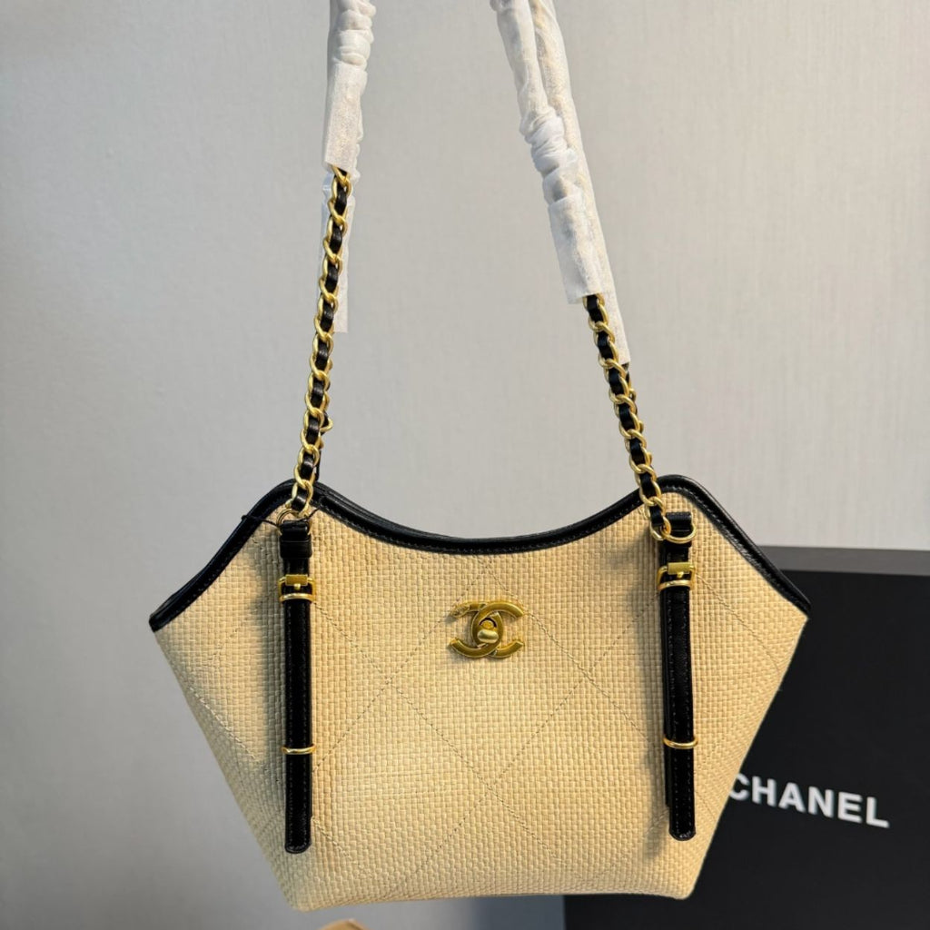 Chanel Small Shopping Bag Braided Raffia Effect Canvas And Gold Tone Metal In Beige 7.9 Inches