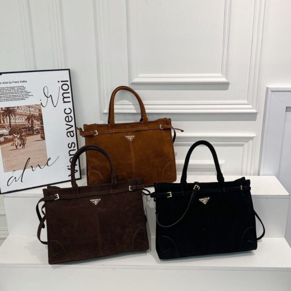 Prada Bonnie Large Suede Handbag Brown 15 Inches 1BA433 2C4S F0401 V MOO