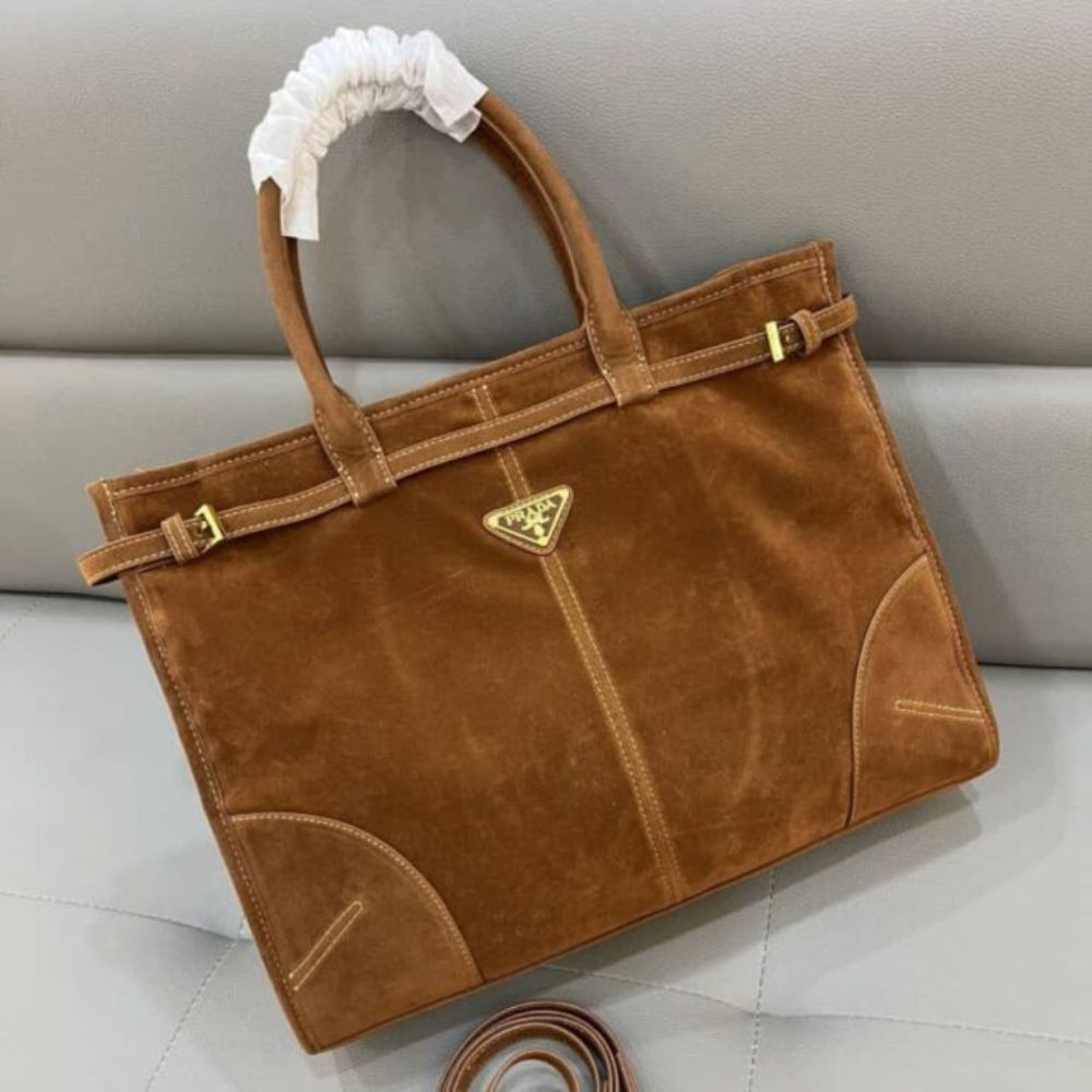 Prada Bonnie Large Suede Handbag Brown 15 Inches 1BA433 2C4S F0401 V MOO