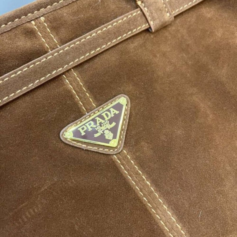 Prada Bonnie Large Suede Handbag Brown 15 Inches 1BA433 2C4S F0401 V MOO