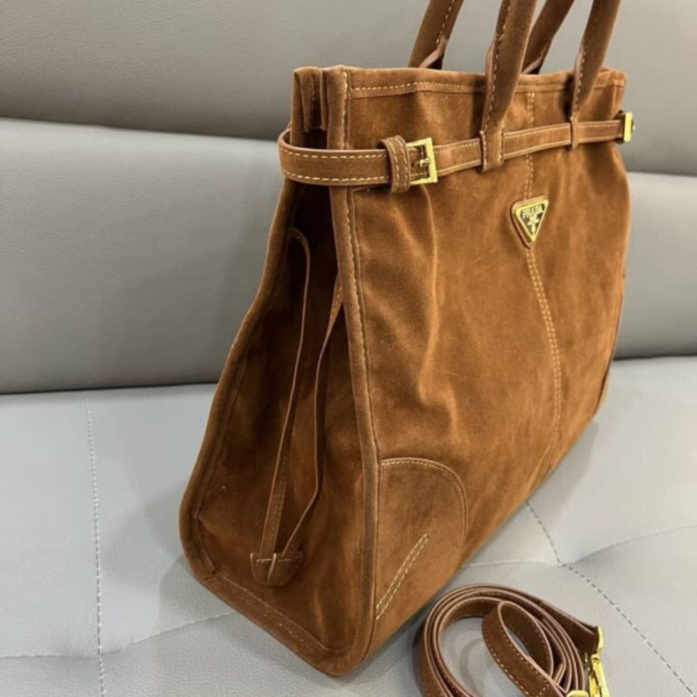 Prada Bonnie Large Suede Handbag Brown 15 Inches 1BA433 2C4S F0401 V MOO