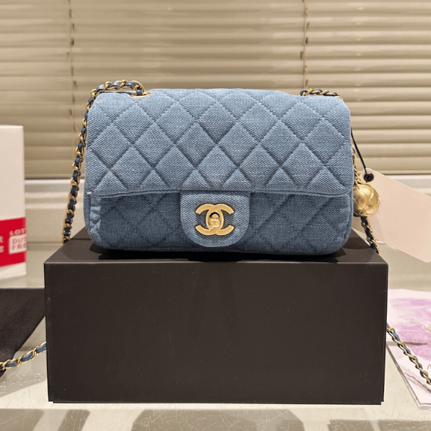 Chanel Denim Gold Ball Square Flap Bag Blue 7.9 Inches