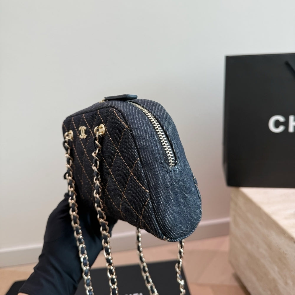 Chanel Clutch With Strap Gold Metal Denim Blue 20cm