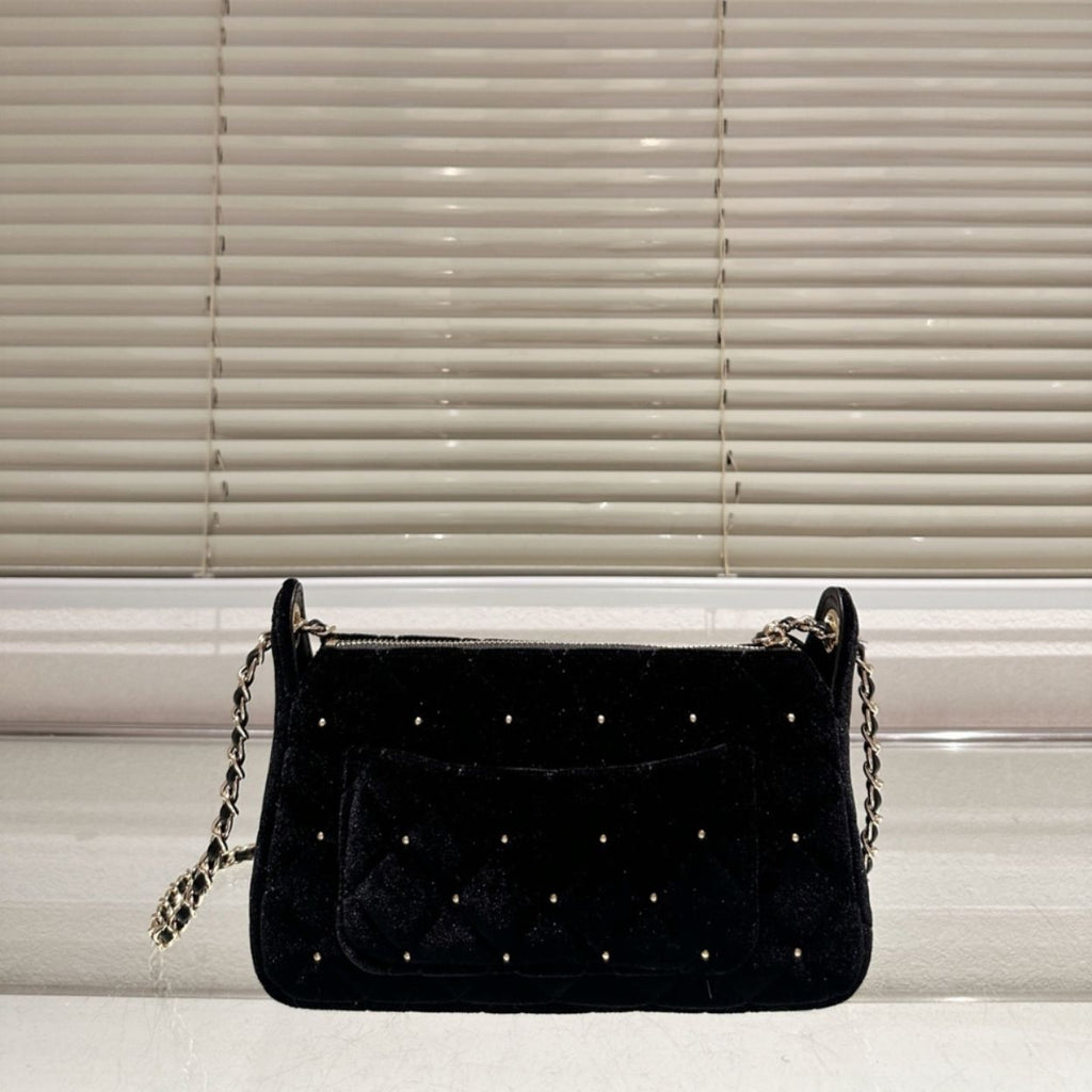 Chanel Velvet Crystal Quilted Chain Hobo Bag In Black 8.7 Inches AP4861 B17652 93405