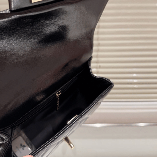 Chanel Mini Top Handle Flap Bag Shiny Black 7.9 Inches