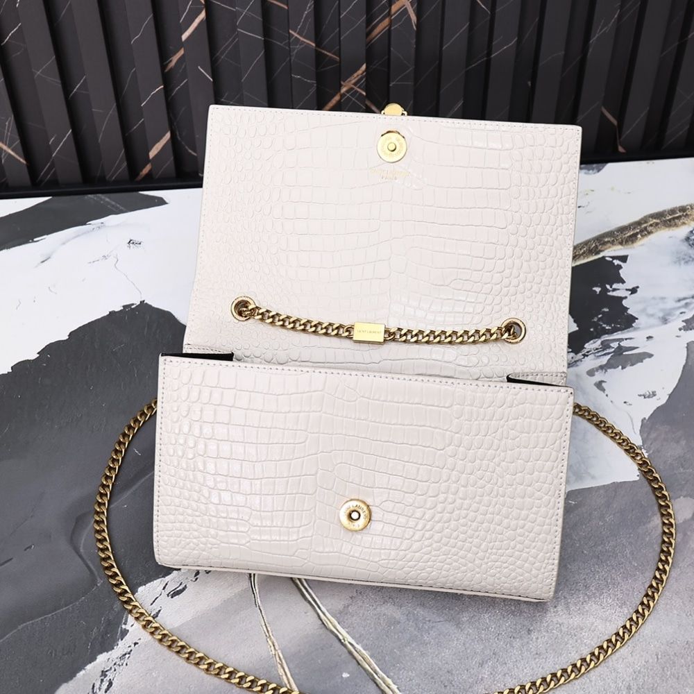 Saint Laurent Kate Medium Tassel In Crocodile White 9.4 Inches