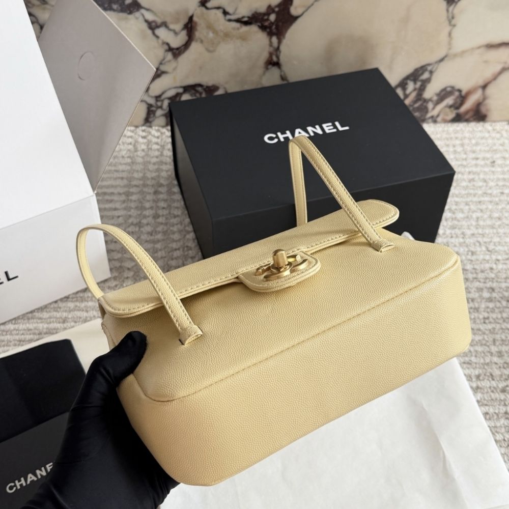 Chanel Small Flap Bag Grained Shiny And Gold Tone Light Yellow 8.7 Inches