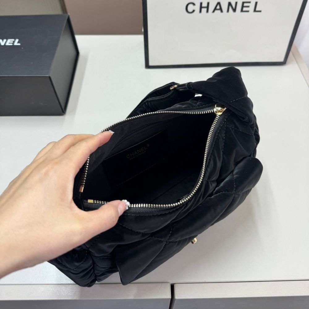 Chanel Large Bowling Bag Velvet Effect Nylon Gold Tone Black 10.6 Inches AS5054 B21379 94305