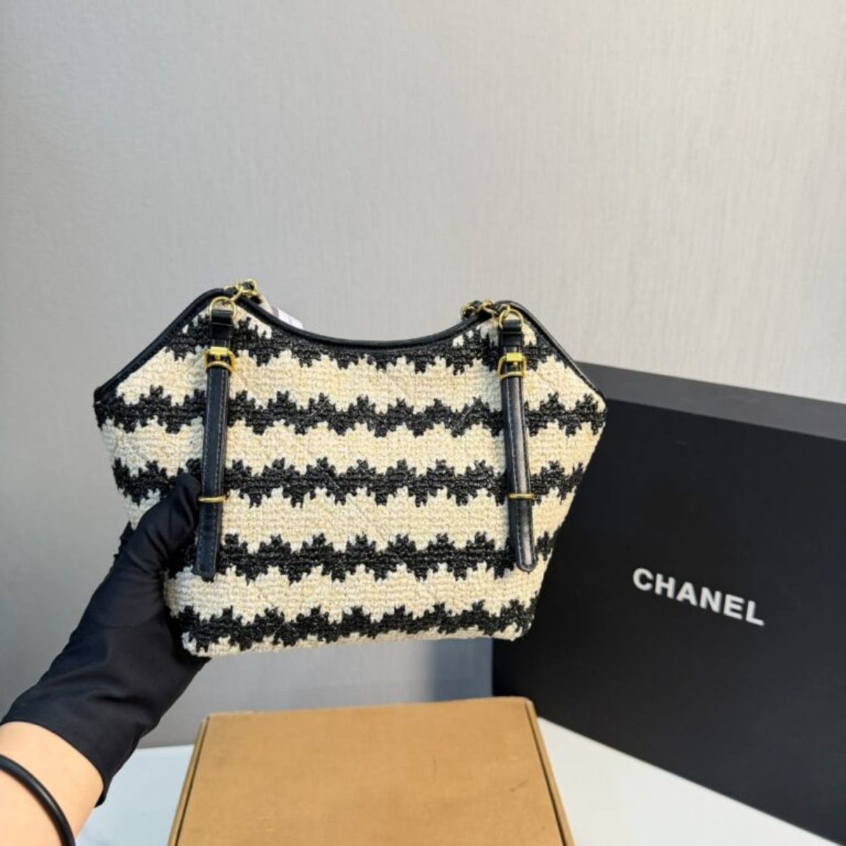 Chanel Small Shopping Bag Braided Straw And Gold Tone Metal Beige And Black 7.9 Inches
