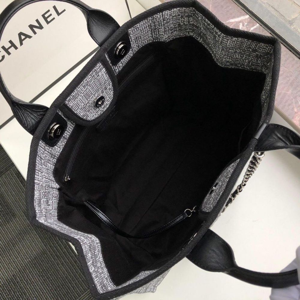 Chanel Deauville Tote Raffia Canvas Bag Black 14.9 Inches
