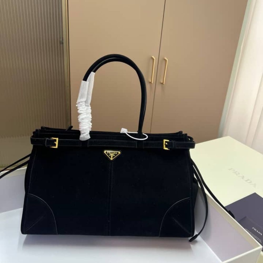 Prada Bonnie Large Suede Handbag Black 15 Inches 1Ba433 2C4S F0308 V Moo
