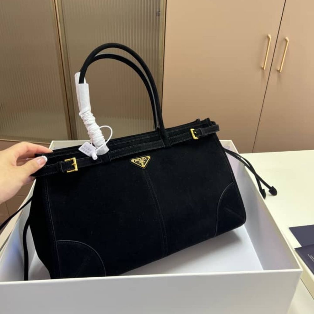 Prada Bonnie Large Suede Handbag Black 15 Inches 1Ba433 2C4S F0308 V Moo