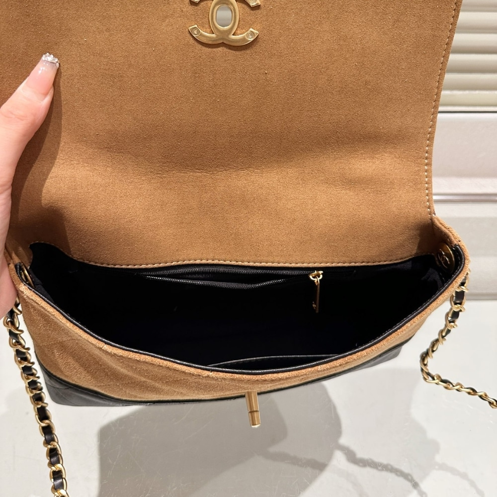 Chanel Large Flap Bag With Top Handle Shiny And Gold Tone Metal Beige Black 11.4 Inches As5637 B20827 U1536