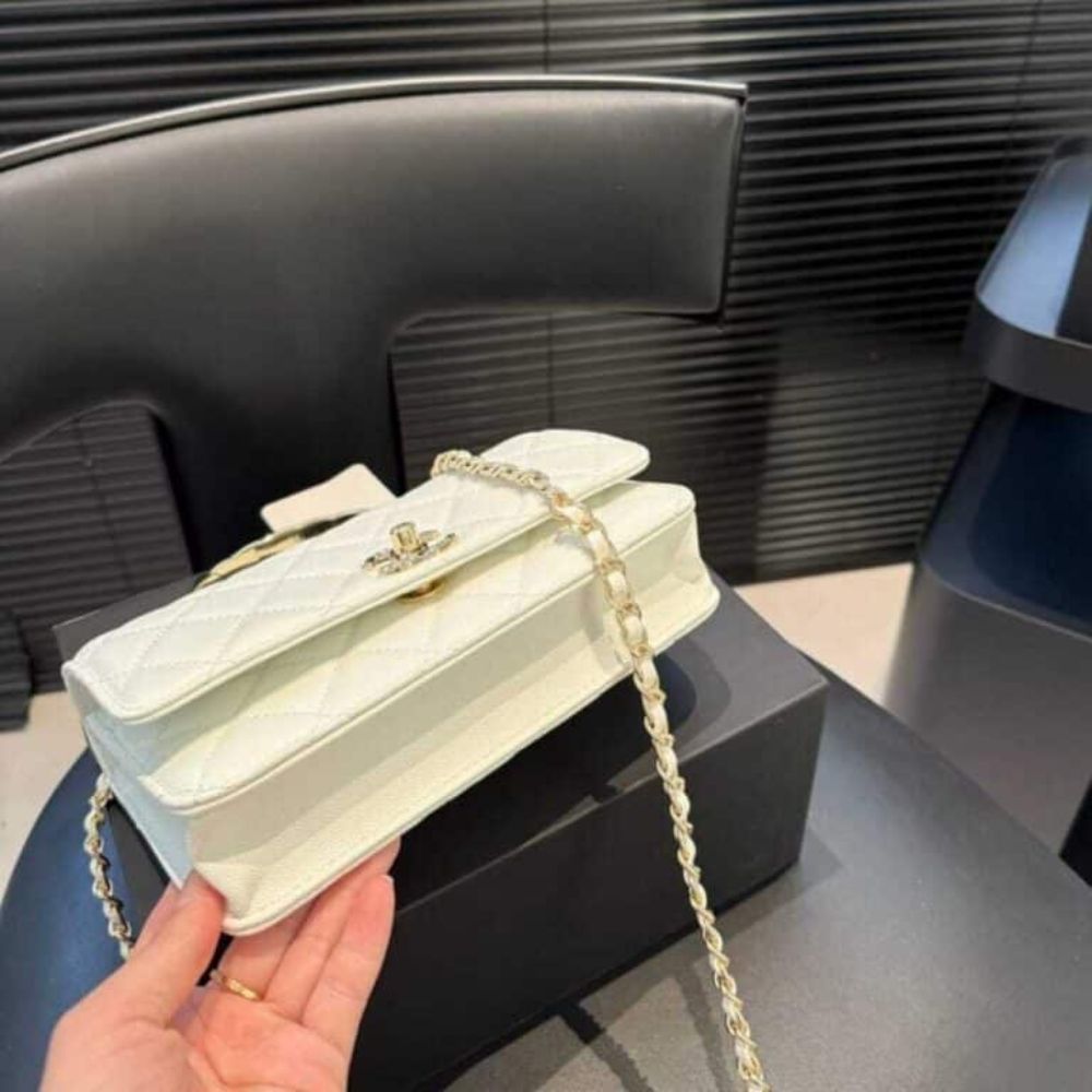 Chanel Clutch With Strap Shiny Crumpled With Imitation Pearls White 7.9 Inches Ap3803 B15603 10601